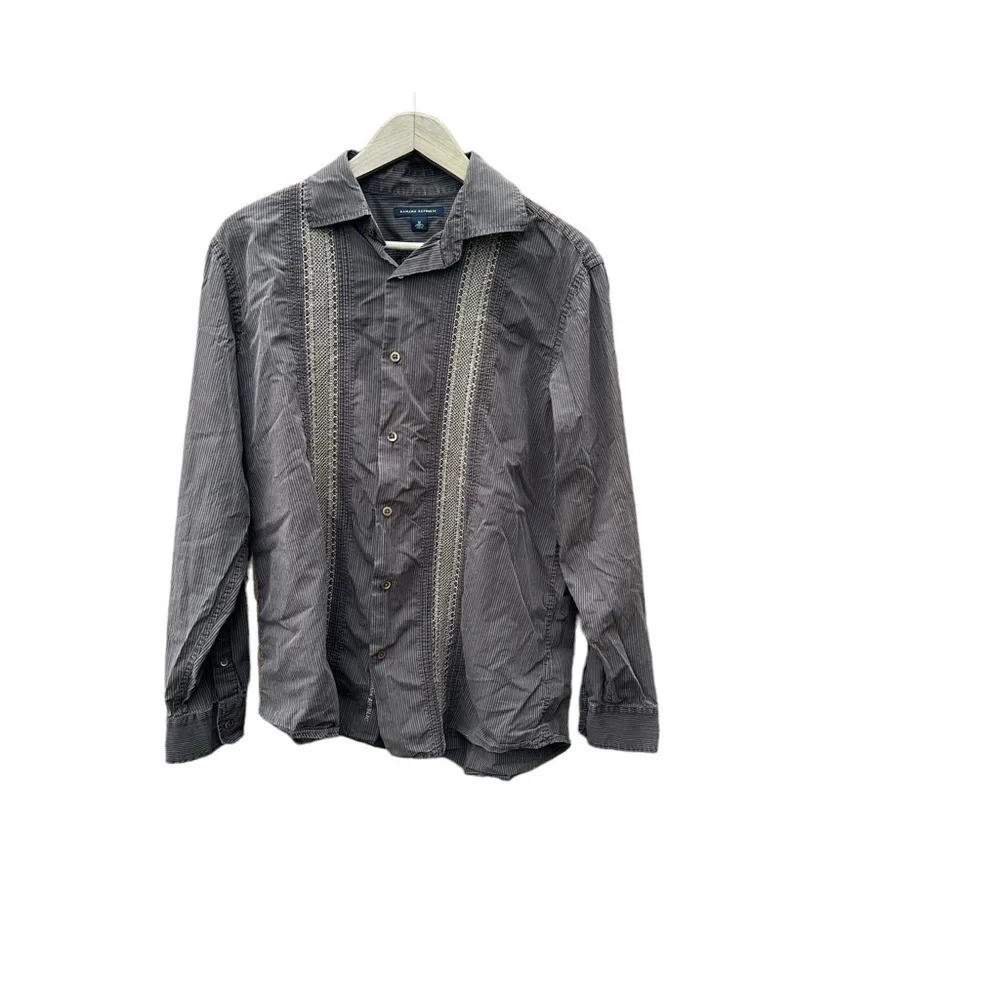 Banana Republic men's medium long sleeve button down brown pinstripe embroider